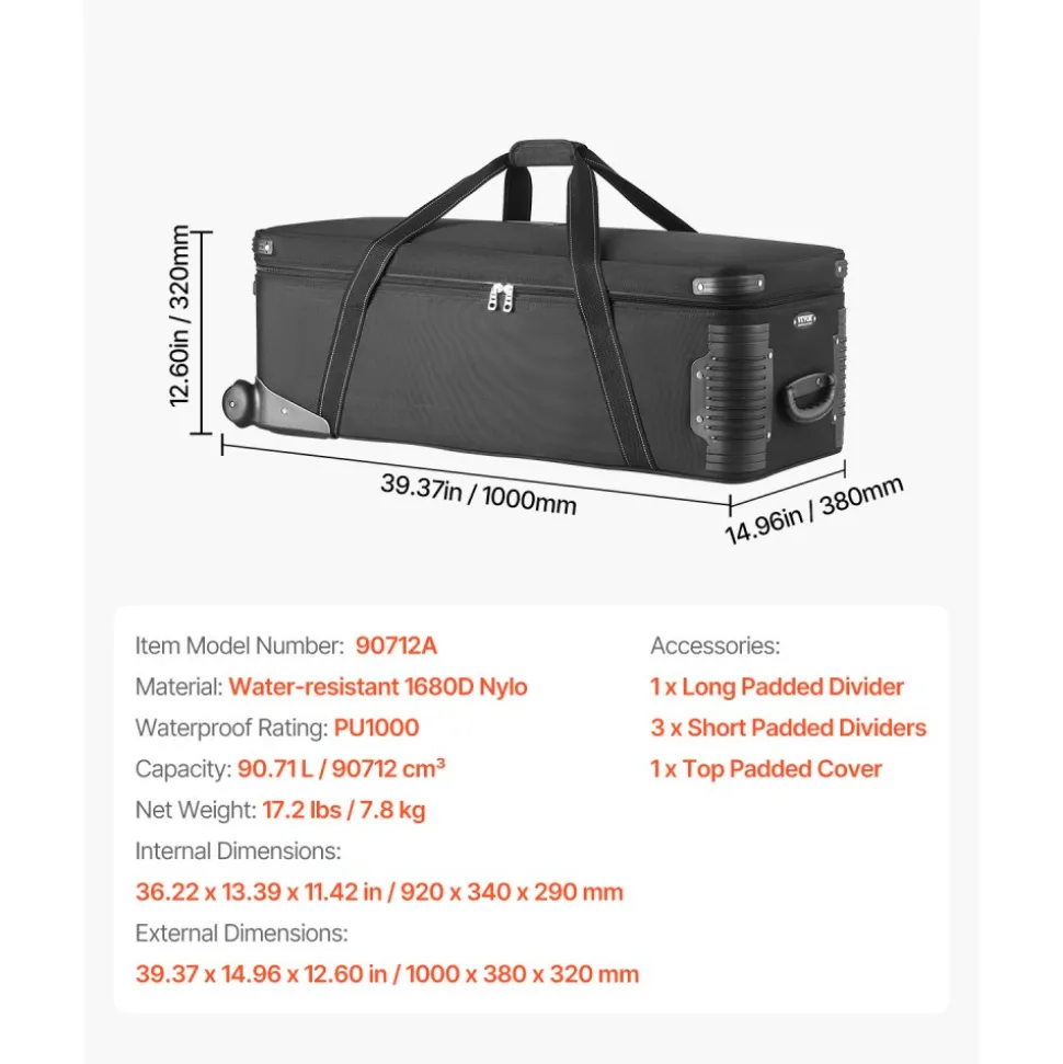 VEVOR Studio Equipment Trolley Case, 39.37 x 14.96 x 12.60 in / 100 x 38 x 32 cm, Rolling Camera Bag, Carrying Bag with Wheels Straps Padded Compartment Handle, for Light Stands, Tripods, Telescopes