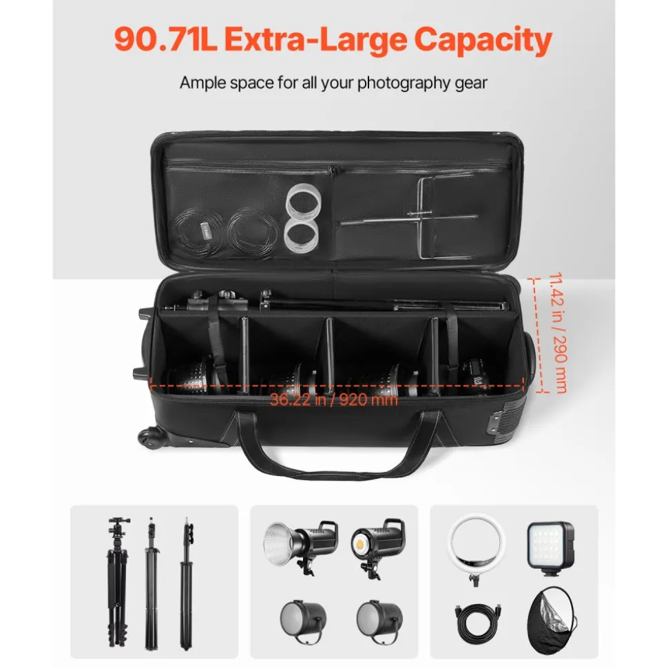 VEVOR Studio Equipment Trolley Case, 39.37 x 14.96 x 12.60 in / 100 x 38 x 32 cm, Rolling Camera Bag, Carrying Bag with Wheels Straps Padded Compartment Handle, for Light Stands, Tripods, Telescopes