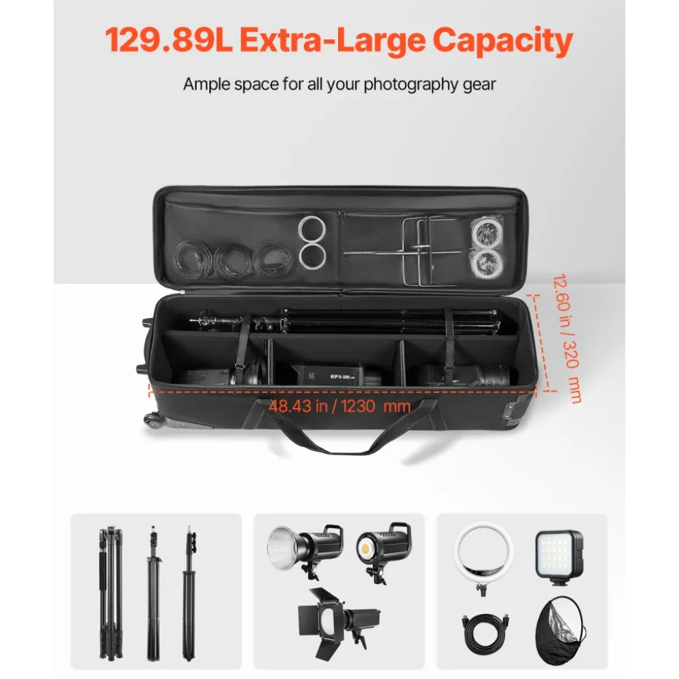 VEVOR Studio Equipment Trolley Case, 51.57 x 14.37 x 14.96 in / 131 x 36.5 x 38 cm, Rolling Camera Bag, Carrying Bag with Wheels Straps Padded Compartment Handle, for Light Stands, Tripods, Telescopes
