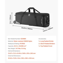 VEVOR Studio Equipment Trolley Case, 35.83 x 11.81 x 14 in / 91 x 30 x 35.5 cm, Rolling Camera Bag, Carrying Bag with Wheels Straps Padded Compartment Handle, for Light Stands, Tripods, Telescopes
