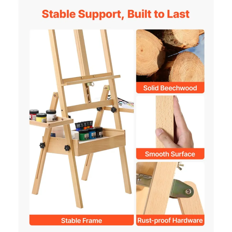 VEVOR Studio H-Frame Easel Holds Canvas Up to 35.43" Solid Beech Wood Frame, For Artists Painting, Adjustable Height & Angle, Multi-Function Wooden Art Easel with Storage Box & Trays, Natural Color