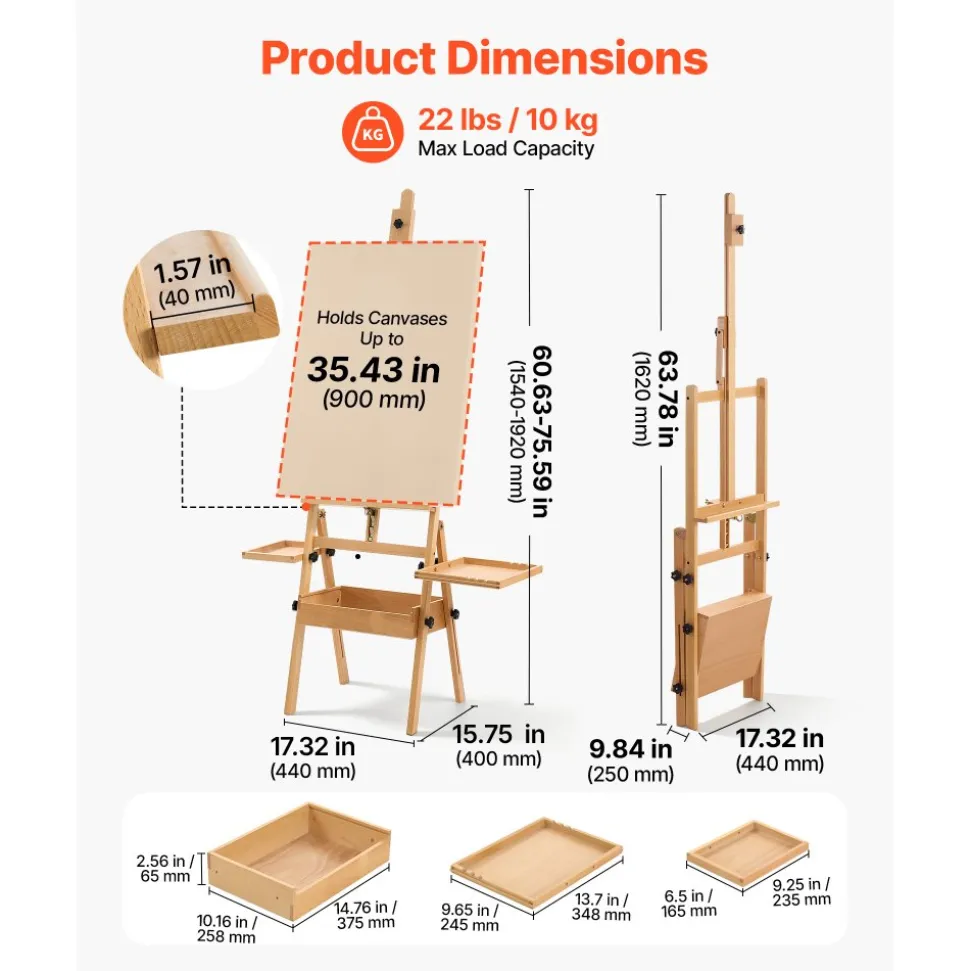 VEVOR Studio H-Frame Easel Holds Canvas Up to 35.43" Solid Beech Wood Frame, For Artists Painting, Adjustable Height & Angle, Multi-Function Wooden Art Easel with Storage Box & Trays, Natural Color