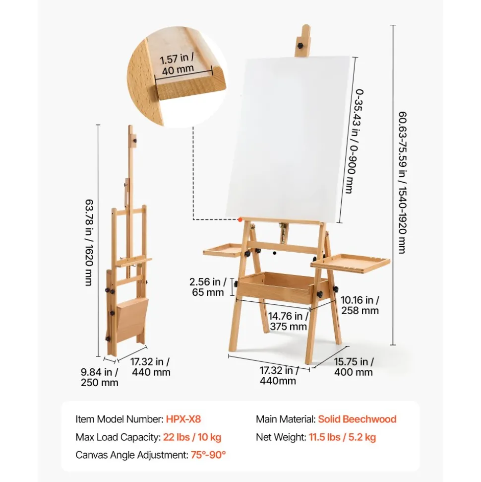 VEVOR Studio H-Frame Easel Holds Canvas Up to 35.43" Solid Beech Wood Frame, For Artists Painting, Adjustable Height & Angle, Multi-Function Wooden Art Easel with Storage Box & Trays, Natural Color