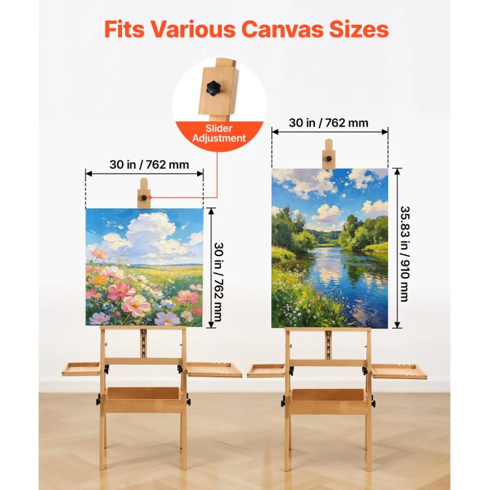 VEVOR Studio H-Frame Easel Holds Canvas Up to 35.43" Solid Beech Wood Frame, For Artists Painting, Adjustable Height & Angle, Multi-Function Wooden Art Easel with Storage Box & Trays, Natural Color