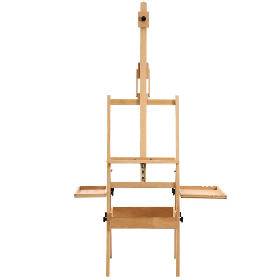 VEVOR Studio H-Frame Easel Holds Canvas Up to 35.43" Solid Beech Wood Frame, For Artists Painting, Adjustable Height & Angle, Multi-Function Wooden Art Easel with Storage Box & Trays, Natural Color
