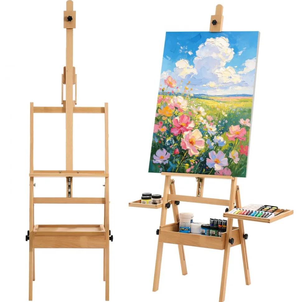 VEVOR Studio H-Frame Easel Holds Canvas Up to 35.43" Solid Beech Wood Frame, For Artists Painting, Adjustable Height & Angle, Multi-Function Wooden Art Easel with Storage Box & Trays, Natural Color