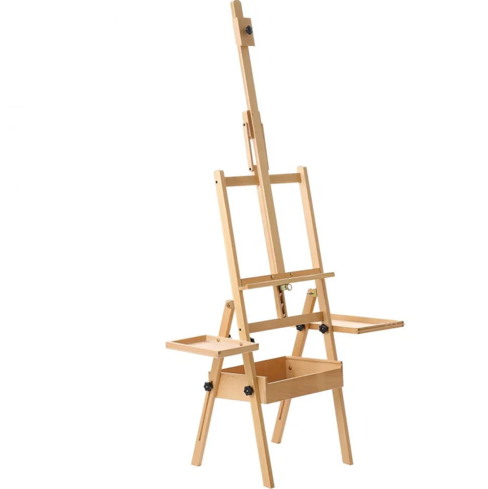 VEVOR Studio H-Frame Easel Holds Canvas Up to 35.43" Solid Beech Wood Frame, For Artists Painting, Adjustable Height & Angle, Multi-Function Wooden Art Easel with Storage Box & Trays, Natural Color
