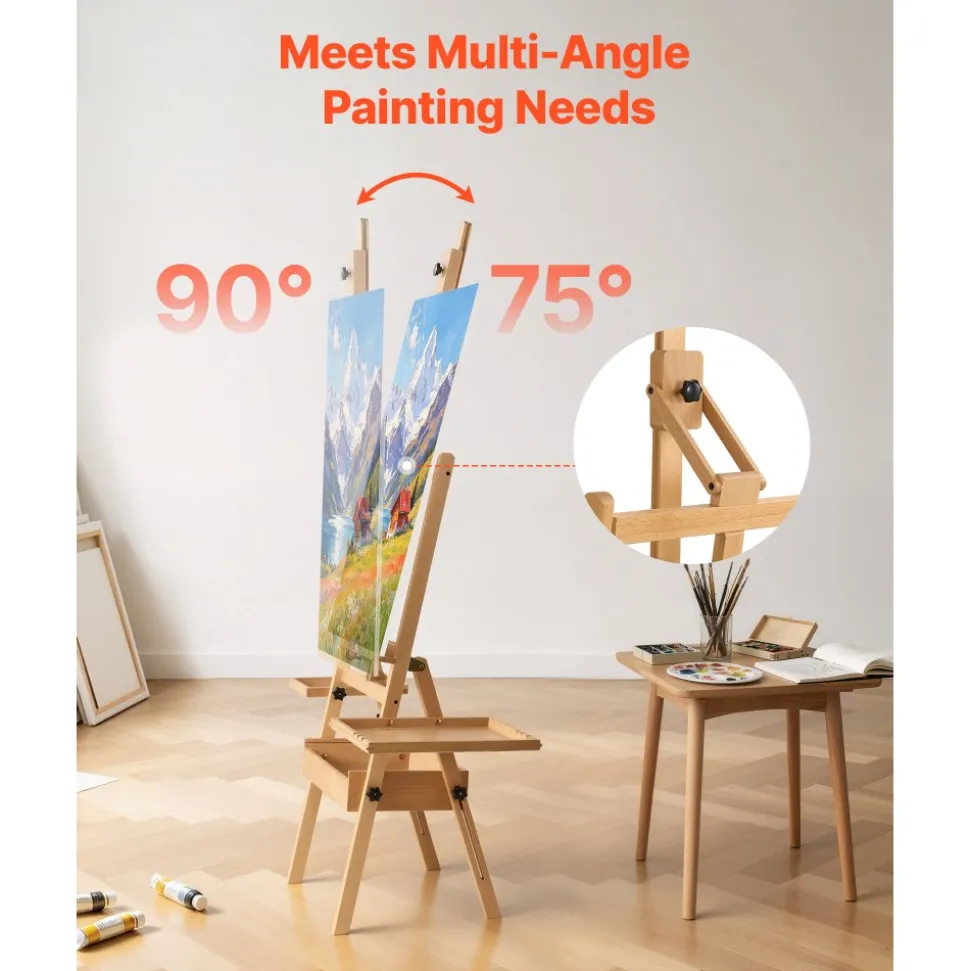 VEVOR Studio H-Frame Easel Holds Canvas Up to 35.43" Solid Beech Wood Frame, For Artists Painting, Adjustable Height & Angle, Multi-Function Wooden Art Easel with Storage Box & Trays, Natural Color