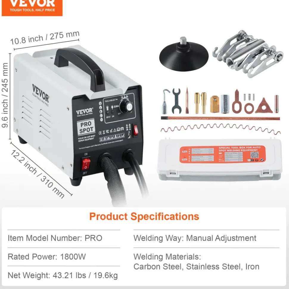 VEVOR Stud Welder Dent Repair Kit, 110V Auto Body Spot Welding Dent Puller Machine with 7 Welding Modes & Adjustable Power, 1.8KW Spot Welder Dent Removal Tool for Car, Truck Dent Repair