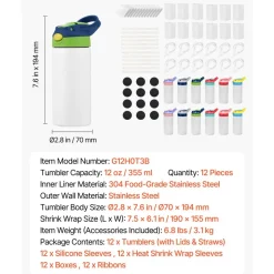 VEVOR Sublimation Tumblers, 12 Pack, 12 oz Kids Sublimation Water Bottles, Food-Grade Stainless Steel Cups with Lids and Straws, Double Wall Insulated Tumbler Blank, for DIY Personalized Customization