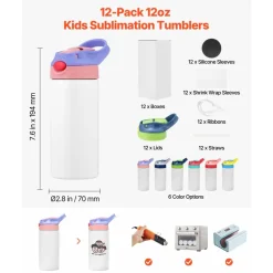 VEVOR Sublimation Tumblers, 12 Pack, 12 oz Kids Sublimation Water Bottles, Food-Grade Stainless Steel Cups with Lids and Straws, Double Wall Insulated Tumbler Blank, for DIY Personalized Customization