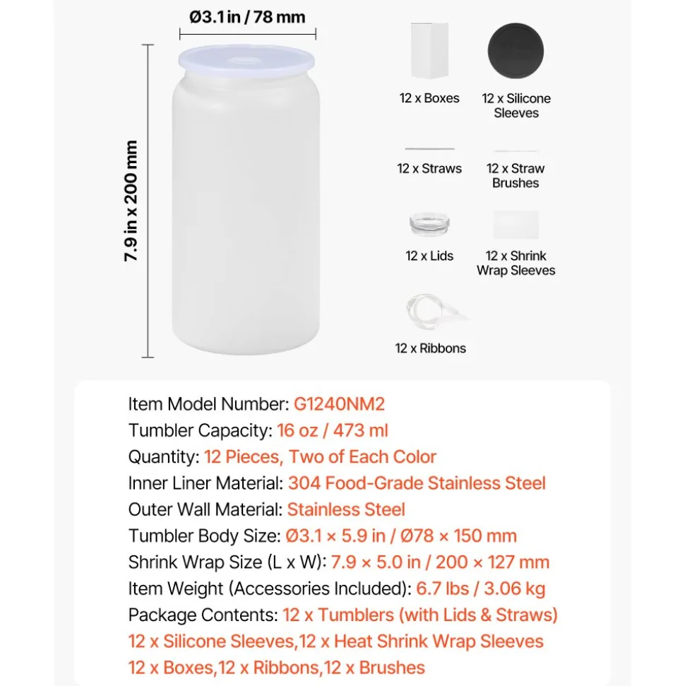 VEVOR Sublimation Tumblers, 12 Pack, 16 oz Multicolored Tumblers Bulk, Stainless Steel Sublimation Cups with Lids and Straws, Double Wall Insulated Tumbler Blank, for DIY Personalized Customization