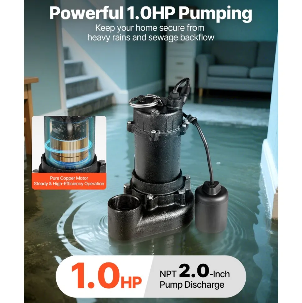 VEVOR Submersible Sewage Pump, 1 HP, 5200 GPH Cast Iron Sewage/Effluent Pump with Automatic Tethered Float Switch, 2-Inch NPT Discharge, 120V, 25 ft Max Lift, for Basement, Septic Tank, Residential