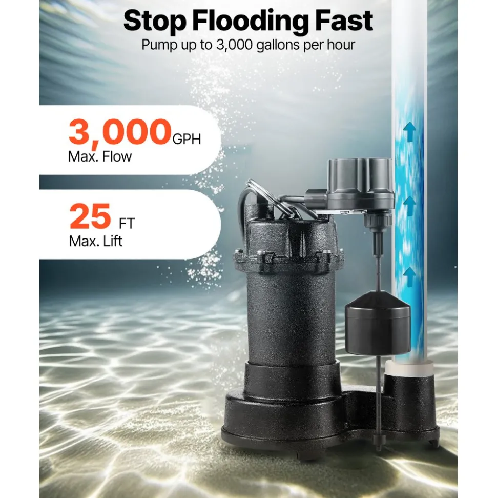VEVOR Submersible Sewage Pump, 1/2 HP, 4800 GPH Cast Iron Sewage/Effluent Pump with Automatic Tethered Float Switch, 2-Inch NPT Discharge, 120V, 20 ft Max Lift, for Basement, Septic Tank, Residential