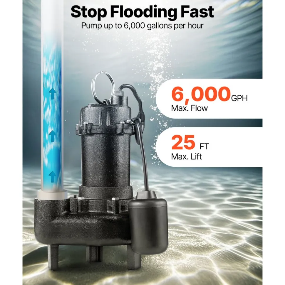 VEVOR Submersible Sewage Pump, 1/2 HP, 6000 GPH Cast Iron Sewage/Effluent Pump with Automatic Tethered Float Switch, 2-Inch NPT Discharge, 120V, 25 ft Max Lift, for Basement, Septic Tank, Residential