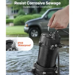 VEVOR Submersible Sewage Pump, 1/2 HP, 6000 GPH Cast Iron Sewage/Effluent Pump with Automatic Tethered Float Switch, 2-Inch NPT Discharge, 120V, 25 ft Max Lift, for Basement, Septic Tank, Residential