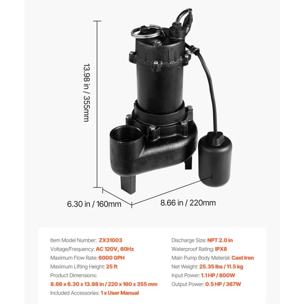 VEVOR Submersible Sewage Pump, 1/2 HP, 6000 GPH Cast Iron Sewage/Effluent Pump with Automatic Tethered Float Switch, 2-Inch NPT Discharge, 120V, 25 ft Max Lift, for Basement, Septic Tank, Residential