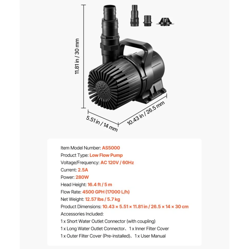 VEVOR Submersible Water Pump, 280W 4500GPH, Aquarium Return Pump with 16.4 ft Lift Height & 180° Adjustable Flow Direction, Suitable for Pond, Aquarium, Fountain, Waterfall, and Fish Tank
