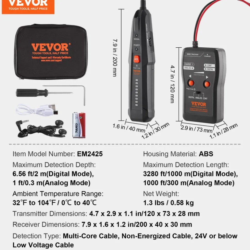 VEVOR Subterranean Wire Locator, Up to 6.5 FT Detection Depth, Earphone-Included Cable Tracer and Break Detector, 3280 FT Detection Range, Ideal for Locating Hidden Pet Fences and Sprinkler Valves