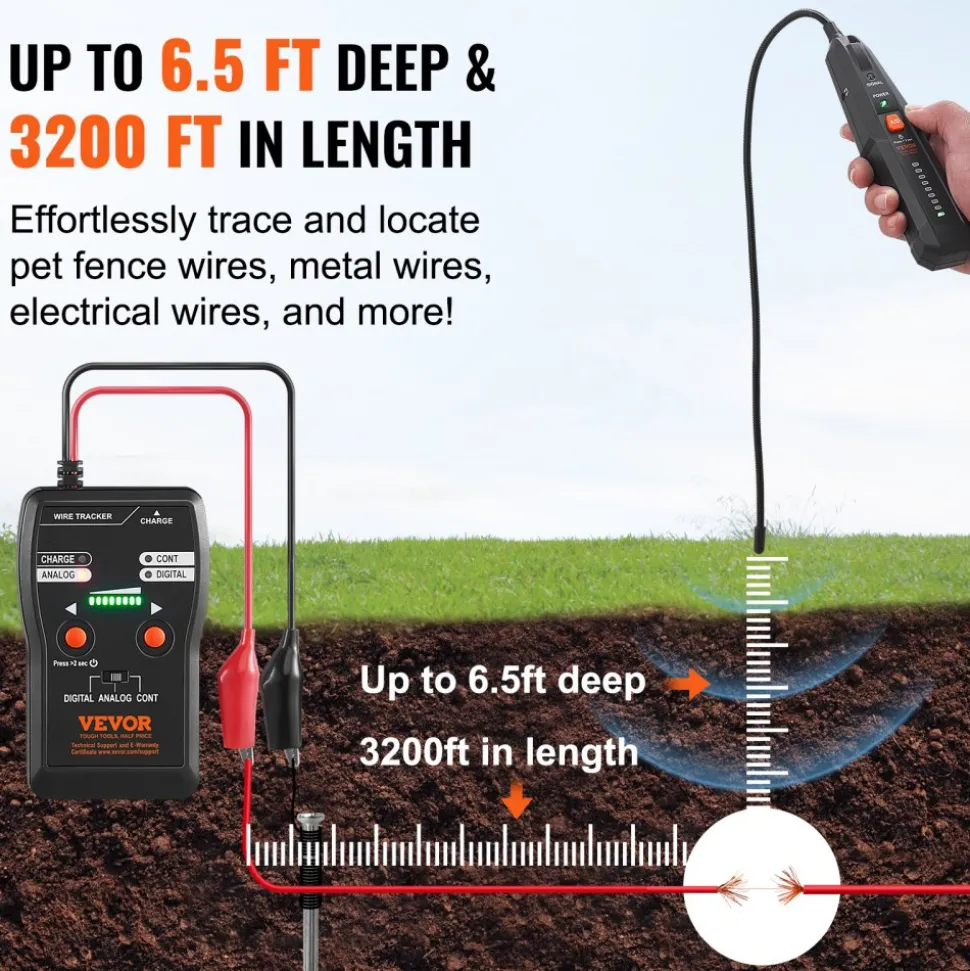 VEVOR Subterranean Wire Locator, Up to 6.5 FT Detection Depth, Earphone-Included Cable Tracer and Break Detector, 3280 FT Detection Range, Ideal for Locating Hidden Pet Fences and Sprinkler Valves