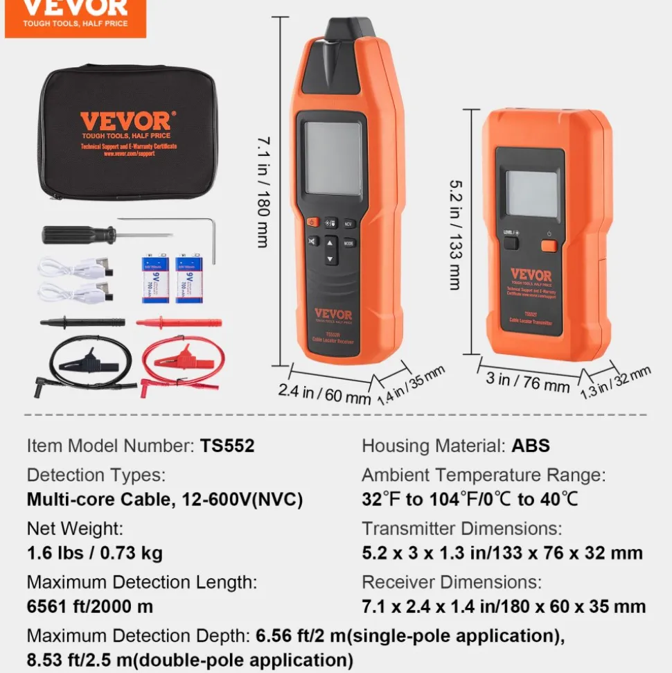 VEVOR Subterranean Wire Tracker, Up to 3 FT Detection Depth, Voltage Range 12-600V, Circuit and Line Break Locator, Extends to 6561 FT for Underground Pipes, Electric Fencing, Hidden Wires