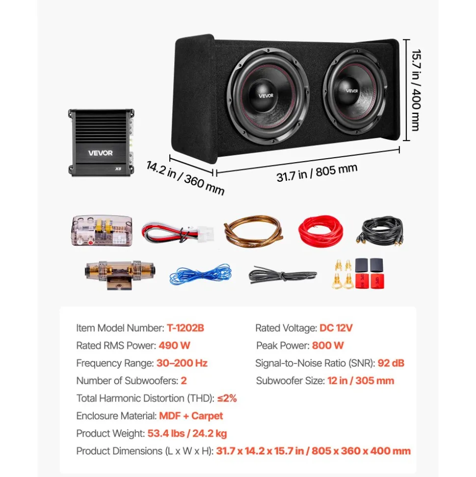 VEVOR Subwoofer Bass Package, 12 in, 490W RMS, Dual Car Audio Subwoofer and Amp Package, with Loaded Enclosure, Separate Amplifier, and Wiring Kit, for Various Vehicles Trunks, Car Audio Systems