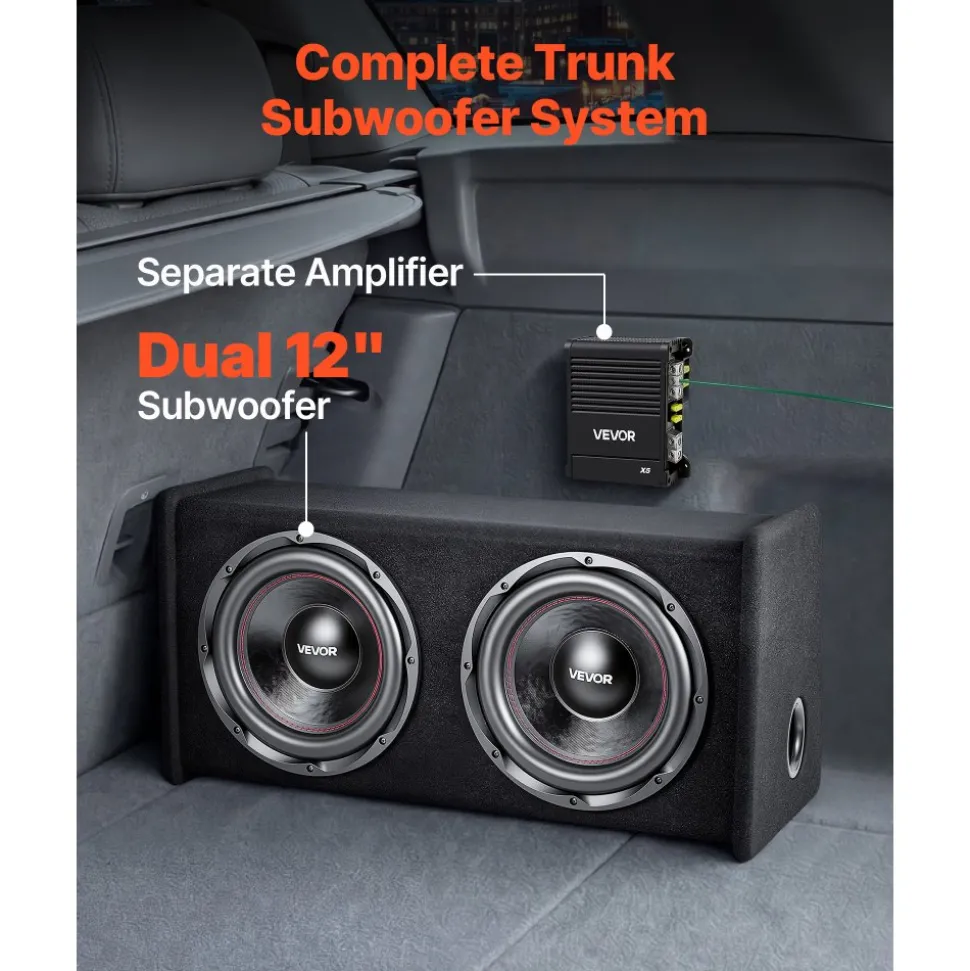VEVOR Subwoofer Bass Package, 12 in, 490W RMS, Dual Car Audio Subwoofer and Amp Package, with Loaded Enclosure, Separate Amplifier, and Wiring Kit, for Various Vehicles Trunks, Car Audio Systems