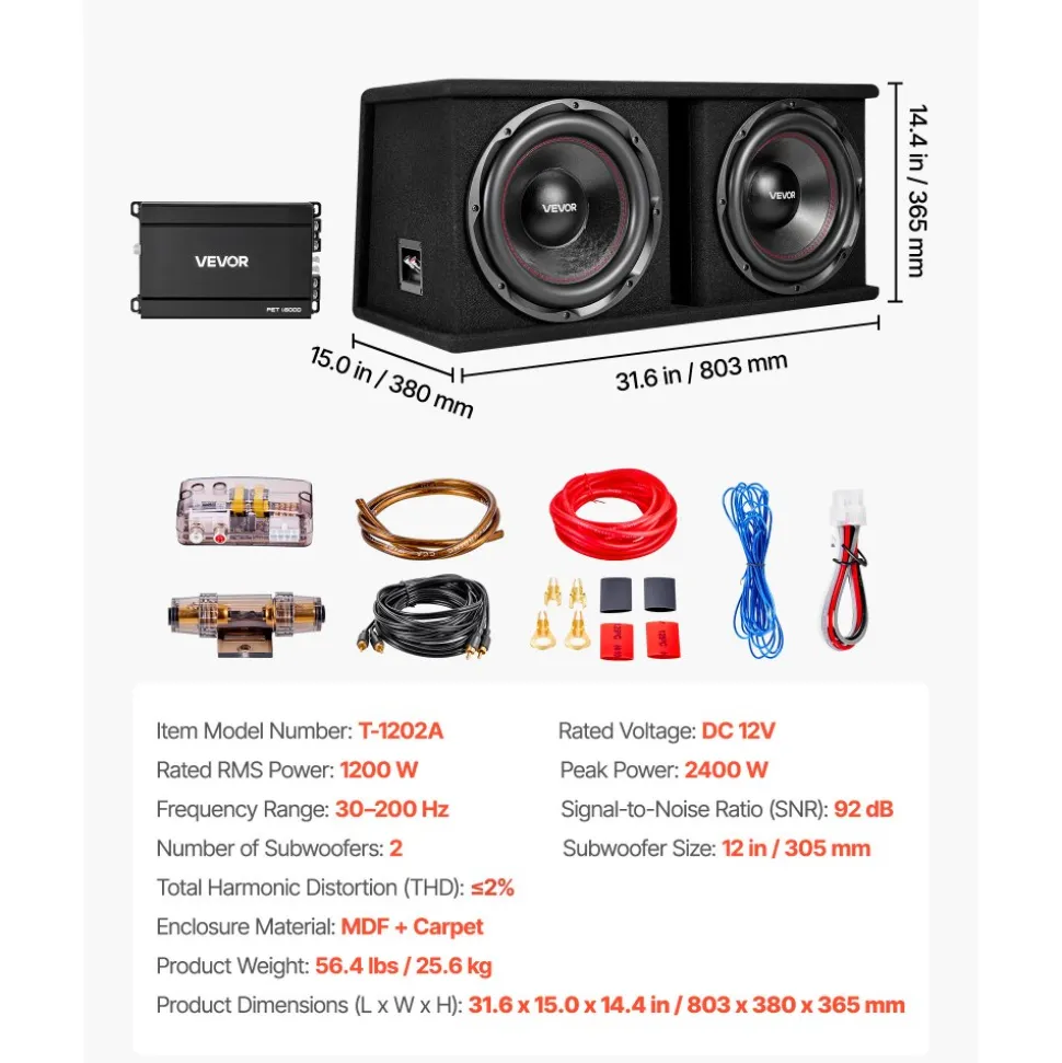 VEVOR Subwoofer Bass Package, 12 in, 1200W RMS, Dual Car Audio Subwoofer and Amp Package, with Loaded Enclosure, Separate Amplifier, and Wiring Kit, for Various Vehicles Trunks, Car Audio Systems