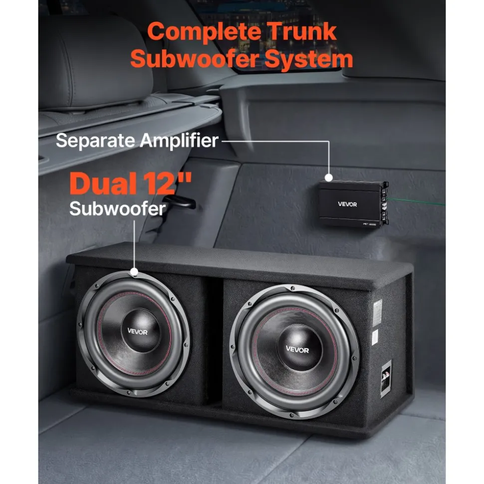 VEVOR Subwoofer Bass Package, 12 in, 1200W RMS, Dual Car Audio Subwoofer and Amp Package, with Loaded Enclosure, Separate Amplifier, and Wiring Kit, for Various Vehicles Trunks, Car Audio Systems