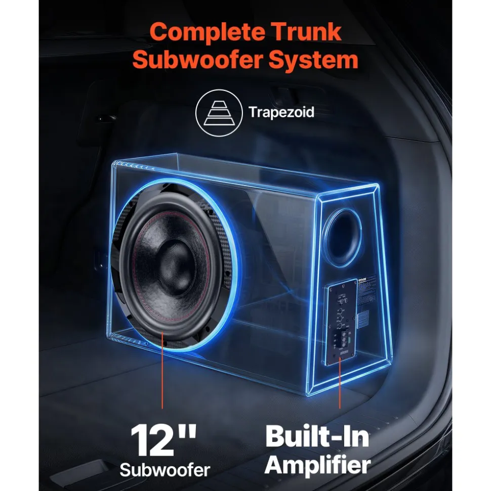 VEVOR Subwoofer Bass Package, 12 in, 245W RMS, Complete Car Audio Subwoofer and Amp Package, with Loaded Enclosure, Built-in Amplifier, and Wiring Kit, Slim Trapezoid , Compact for Car Audio Systems