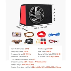 VEVOR Subwoofer Bass Package, 12 in, 245W RMS, Complete Car Audio Subwoofer and Amp Package, with Loaded Enclosure, Built-in Amplifier, and Wiring Kit, Slim Trapezoid , Compact for Car Audio Systems