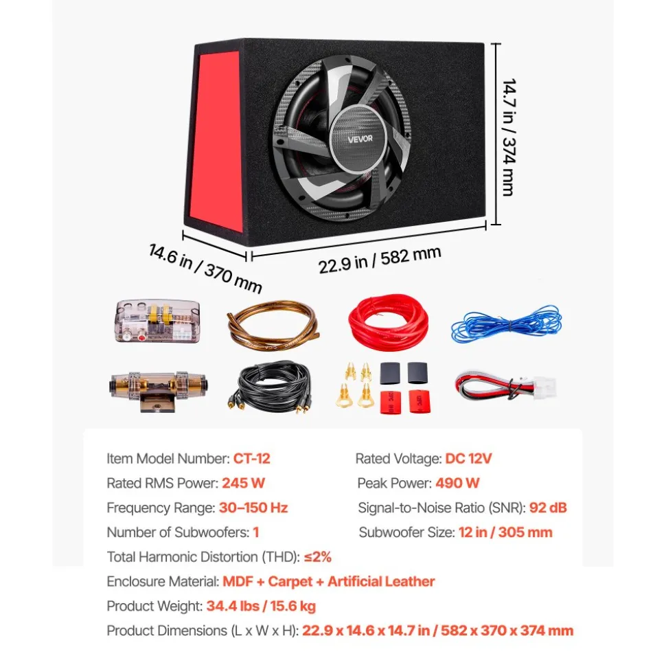 VEVOR Subwoofer Bass Package, 12 in, 245W RMS, Complete Car Audio Subwoofer and Amp Package, with Loaded Enclosure, Built-in Amplifier, and Wiring Kit, Slim Trapezoid , Compact for Car Audio Systems