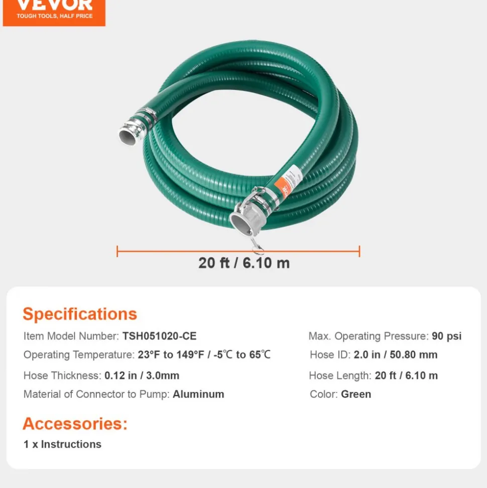 VEVOR Suction Hose, 2 in x 20 ft, Green High Quality Hose, with Camlock Connectors, and Aluminum Fittings, Fit Various Pumps, for Sewage Treatment, Water Transportation and More Agricultural Purposes