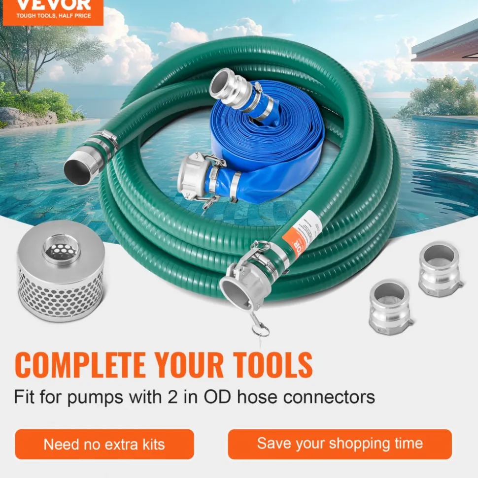 VEVOR Suction Hose Kit for Water Pump, with 2 in x 50 ft Blue Backwash Hose, 20 ft Green Suction Hose, and Steel Round Hole Strainer, Camlocks, Clamps, Cam & Groove Adapter, for Multiple Purposes