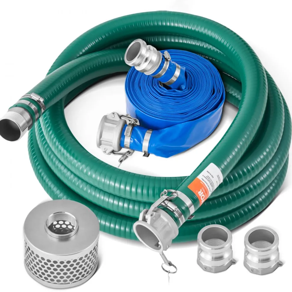 VEVOR Suction Hose Kit for Water Pump, with 2 in x 50 ft Blue Backwash Hose, 20 ft Green Suction Hose, and Steel Round Hole Strainer, Camlocks, Clamps, Cam & Groove Adapter, for Multiple Purposes