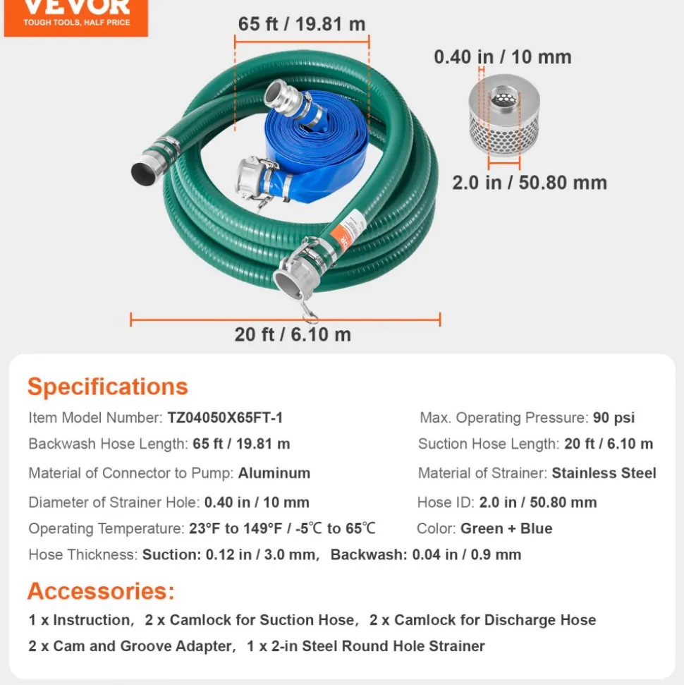 VEVOR Suction Hose Kit for Water Pump, with 2 in x 50 ft Blue Backwash Hose, 20 ft Green Suction Hose, and Steel Round Hole Strainer, Camlocks, Clamps, Cam & Groove Adapter, for Multiple Purposes