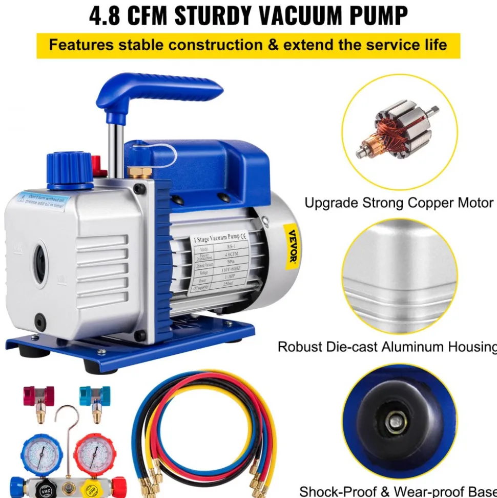 VEVOR Suction Pump 4.8CFM 1/4 HP Single Stage for HVAC A/C Cooling Systems, 5PA Ultimate Vacuum, Manifold Gauge Kit R410A R134A R22, Includes 4-Way Gauge & Hose