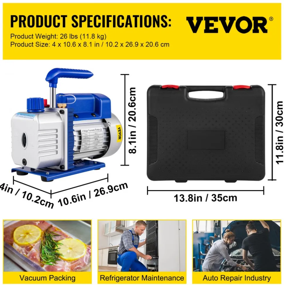 VEVOR Suction Pump 4.8CFM 1/4 HP Single Stage for HVAC A/C Cooling Systems, 5PA Ultimate Vacuum, Manifold Gauge Kit R410A R134A R22, Includes 4-Way Gauge & Hose