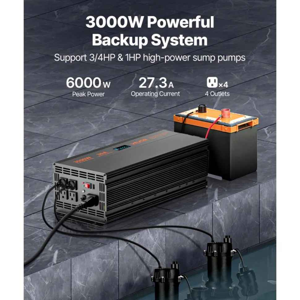 VEVOR Sump Pump Battery Backup System, 3000W, Auto Switches to Battery Inverter for Continuous Sump Pump Operation, Pure Sine Wave, LCD Display, for Basement Protection Emergency and Power Outage