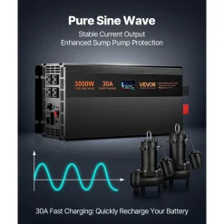 VEVOR Sump Pump Battery Backup System, 3000W, Auto Switches to Battery Inverter for Continuous Sump Pump Operation, Pure Sine Wave, LCD Display, for Basement Protection Emergency and Power Outage