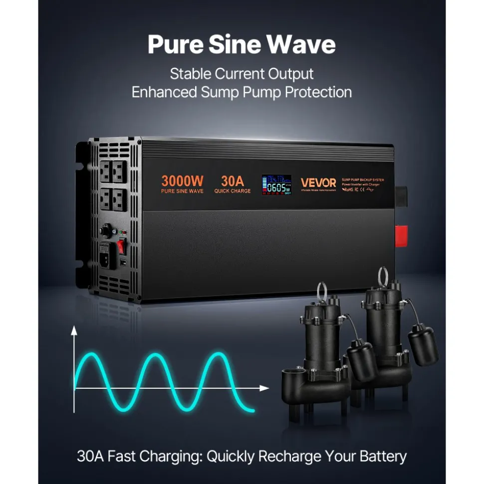 VEVOR Sump Pump Battery Backup System, 3000W, Auto Switches to Battery Inverter for Continuous Sump Pump Operation, Pure Sine Wave, LCD Display, for Basement Protection Emergency and Power Outage