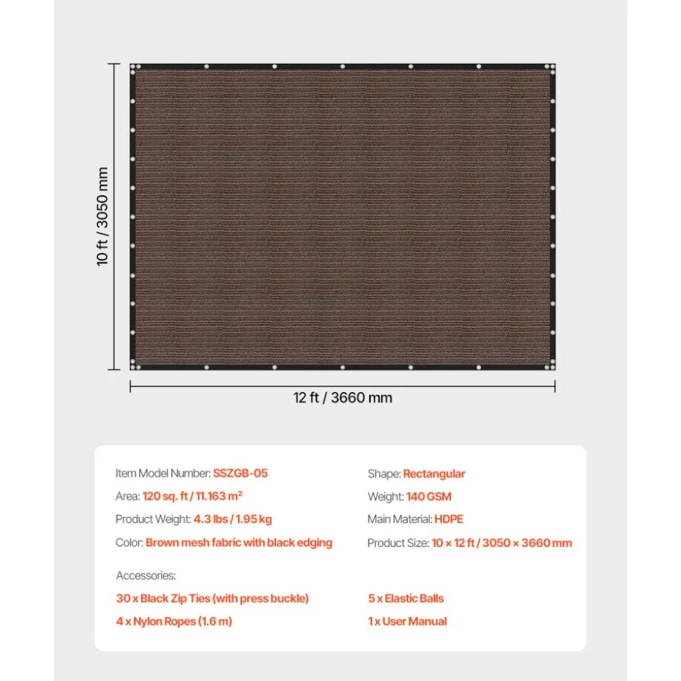 VEVOR 90% Sun Shade Cloth, 10 x 12 ft Pergola Shade Cover with Stainless Steel Grommets, Sun Shades Canopy Privacy Screen with 140 GSM HDPE Material, for Outdoor, Patio, Garden, and Backyard (Brown)