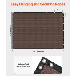 VEVOR 90% Sun Shade Cloth, 10 x 12 ft Pergola Shade Cover with Stainless Steel Grommets, Sun Shades Canopy Privacy Screen with 140 GSM HDPE Material, for Outdoor, Patio, Garden, and Backyard (Brown)