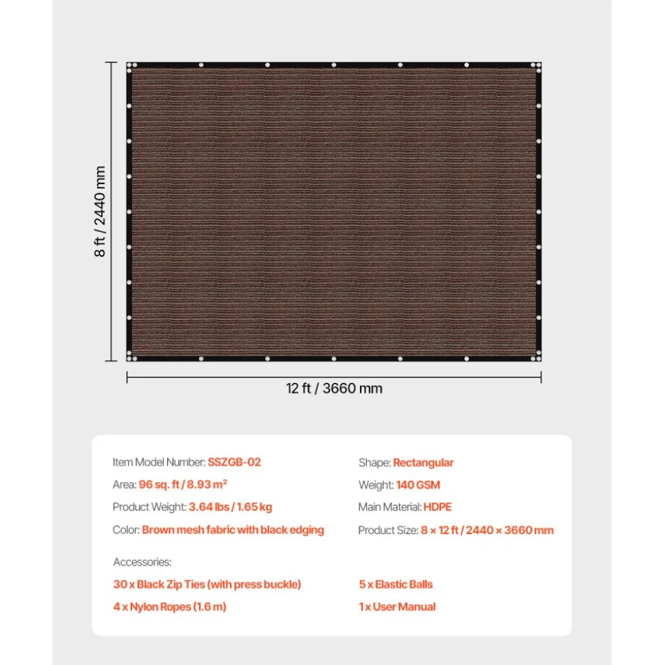 VEVOR 90% Sun Shade Cloth, 8 x 12 ft Pergola Shade Cover with Stainless Steel Grommets, Sun Shades Canopy Privacy Screen with 140 GSM HDPE Material, for Outdoor, Patio, Garden, and Backyard (Brown)