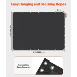 VEVOR 90% Sun Shade Cloth, 8 x 12 ft Pergola Shade Cover with Stainless Steel Grommets, Sun Shades Canopy Privacy Screen with 140 GSM HDPE Material, for Outdoor, Patio, Garden, and Backyard (Black)