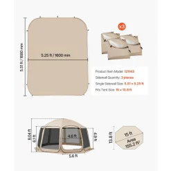 VEVOR Sun Shade Sail Canopy Covers, Fit for 15 x 13.8 ft Screen House Tent, Sun Protection, 5.51 x 5.25 ft 300D Oxford Silver-Coated Fabric, Pack of 3 (Not Include Tent), for Outdoor Activities, Beige