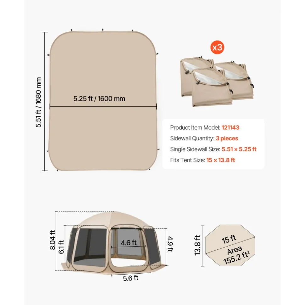 VEVOR Sun Shade Sail Canopy Covers, Fit for 15 x 13.8 ft Screen House Tent, Sun Protection, 5.51 x 5.25 ft 300D Oxford Silver-Coated Fabric, Pack of 3 (Not Include Tent), for Outdoor Activities, Beige