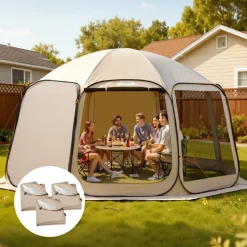 VEVOR Sun Shade Sail Canopy Covers, Fit for 15 x 13.8 ft Screen House Tent, Sun Protection, 5.51 x 5.25 ft 300D Oxford Silver-Coated Fabric, Pack of 3 (Not Include Tent), for Outdoor Activities, Beige