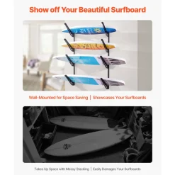 VEVOR Surfboard Wall Mount, 4 Tiers Horizontal Surfboard Rack for Storage and Display, Adjustable Height Metal Board Stand Organizer, Surf Board Holder for Snowboards, Kiteboards, Shortboard, Skis