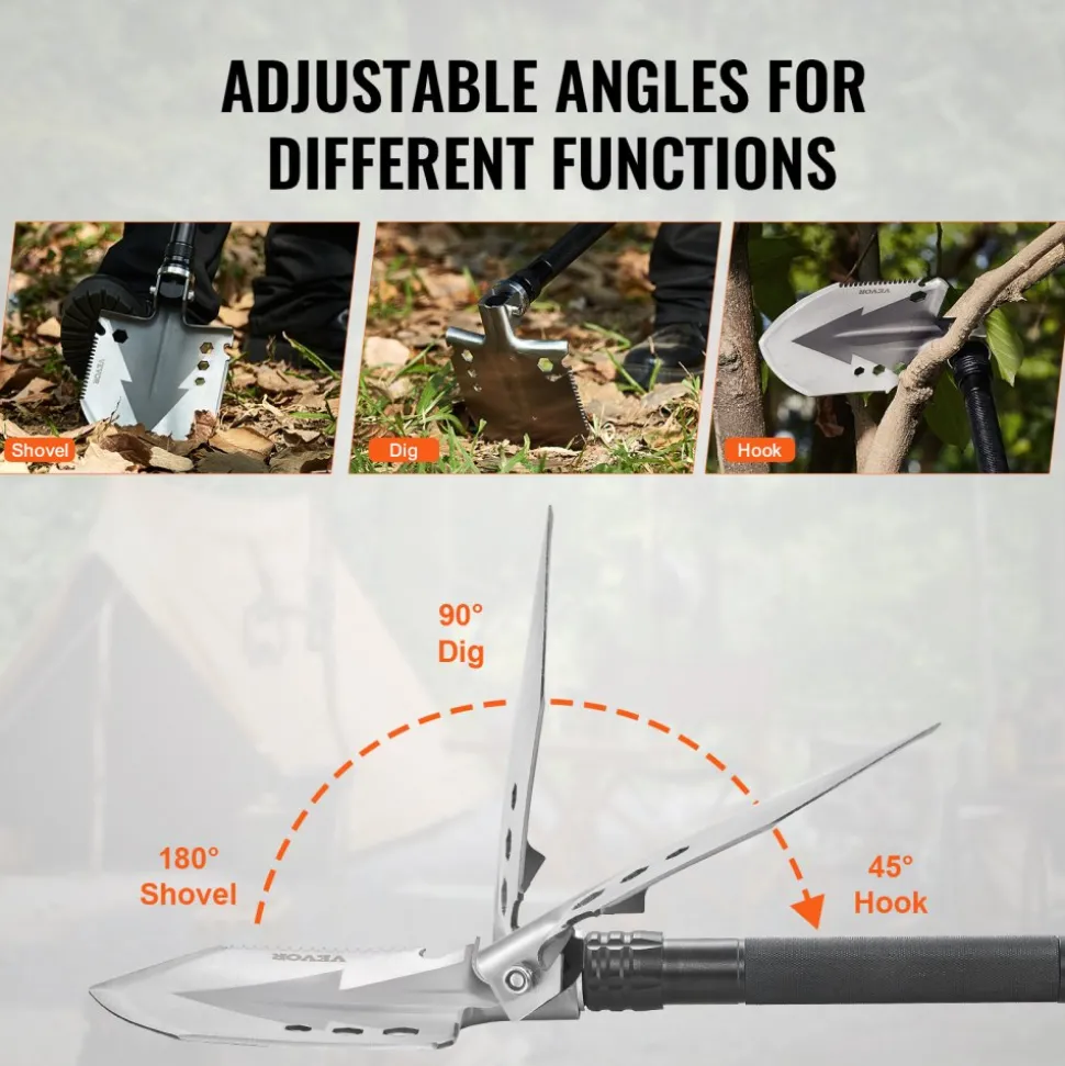 VEVOR Survival Shovel, 11 in 1 Camping Shovel Folding Multitool, Military Grade Portable Compact Tactical Shovel, Multifunction for Off-Roading, Camping, Hiking, Outdoor, Survivalist and Emergency